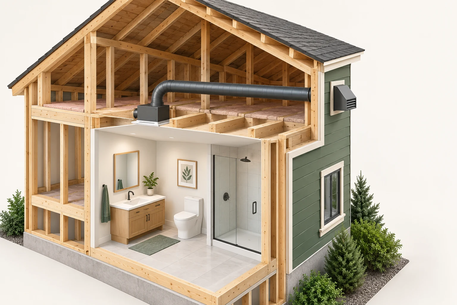 Conceptual timber bathroom cutaway with a ceiling fan housing and a grey duct routed across open roof space to an exterior side-wall hood