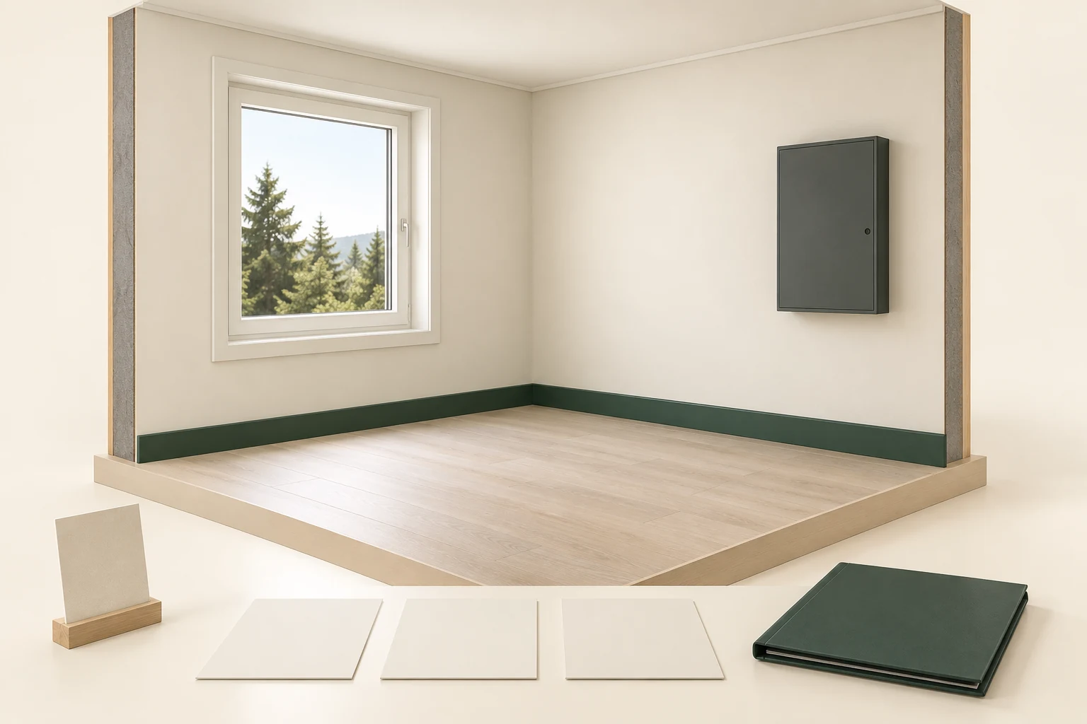 Intact cream wall and ceiling surfaces, a closed window and cabinet, wood-like floor, a separate finish sample and blank record cards
