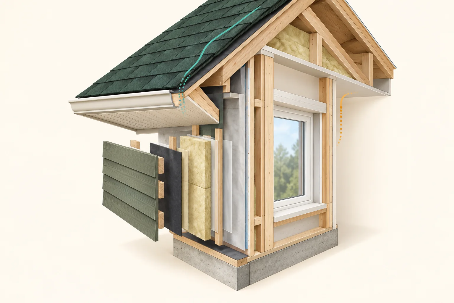 A cutaway timber roof, wall and closed window corner on cream, with dark green shingles, a white eave, pale infill and a separated wall-material sample. Teal and amber traces end or fade near the roof edge and room side.