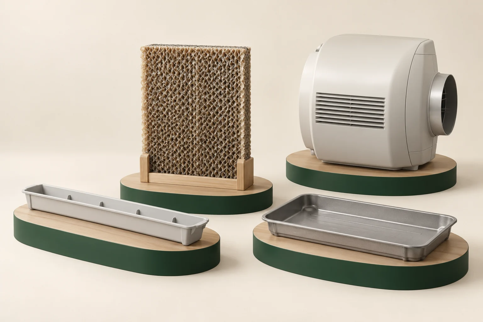 Four separate fictional humidifier-component specimens on timber-and-green plinths: an elongated shallow trough, an upright honeycomb-textured rectangular pad, an empty shallow pan and a rounded closed cabinet with a circular side port.