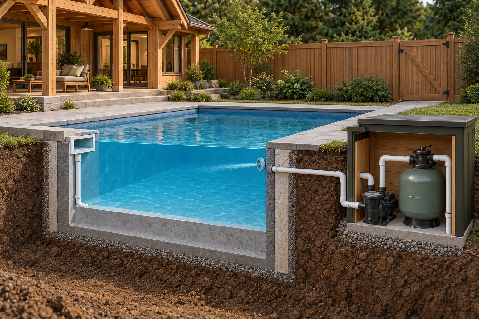 Backyard pool cutaway with a surface opening, wall fitting, pump and filter cabinet, beside a fence and closed gate.