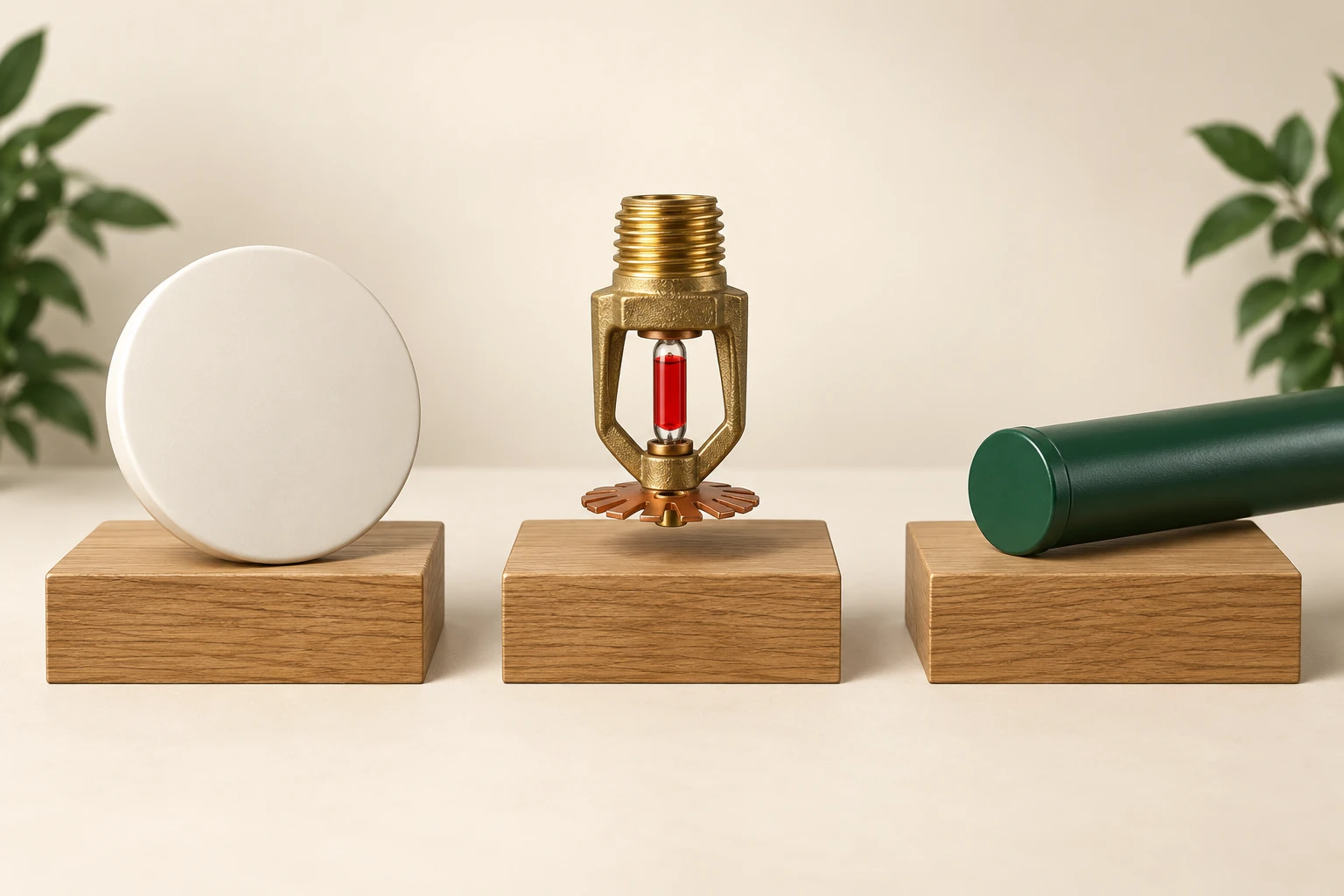 Three unconnected conceptual specimens on timber plinths: a cream cover disc, a brass-toned sprinkler-like element with an intact red bulb-like part and deflector-like plate, and a closed green pipe-like cylinder
