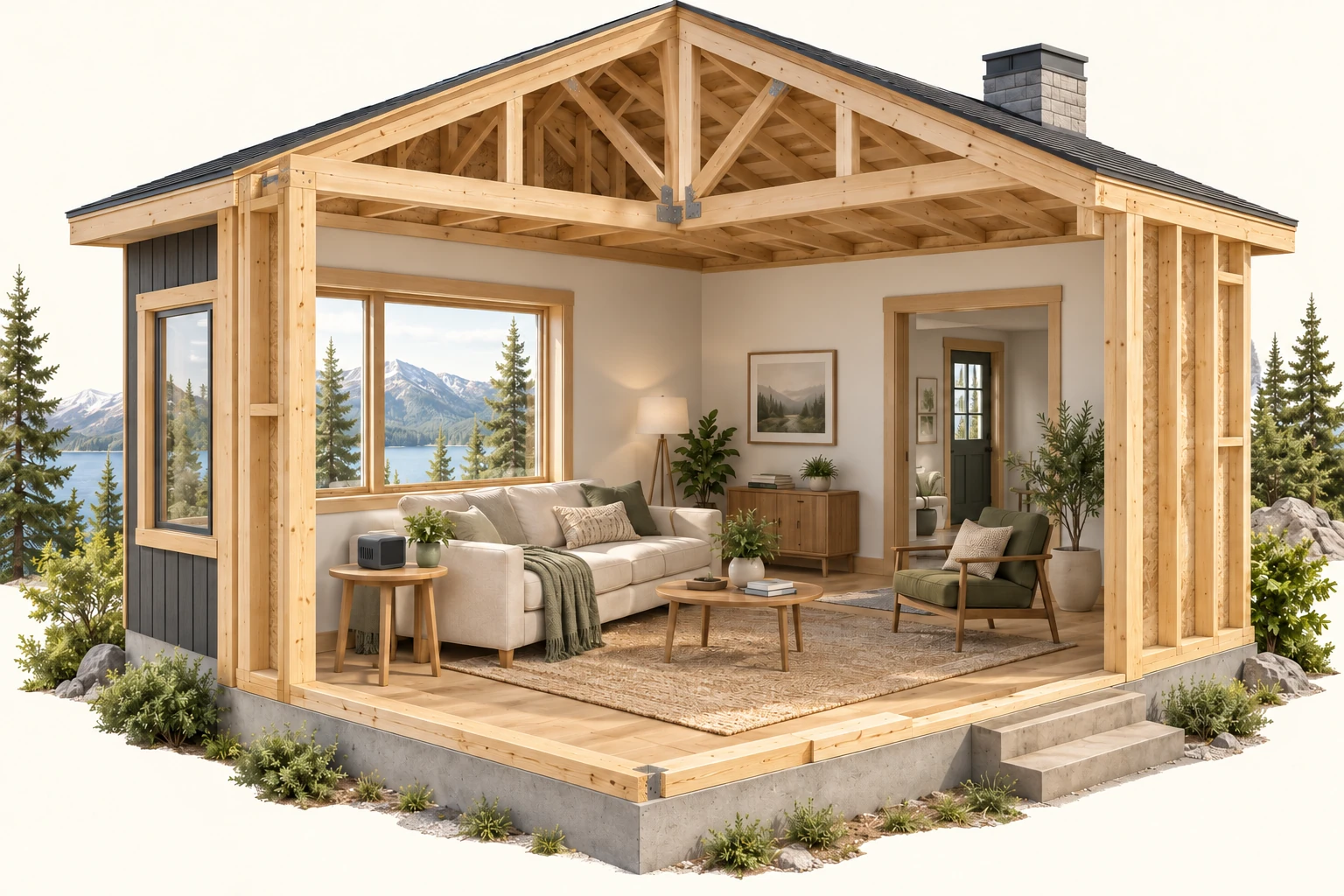 Conceptual open timber living room with a small rectangular slotted device and blank dark panel on a side table, a closed window and an adjoining doorway