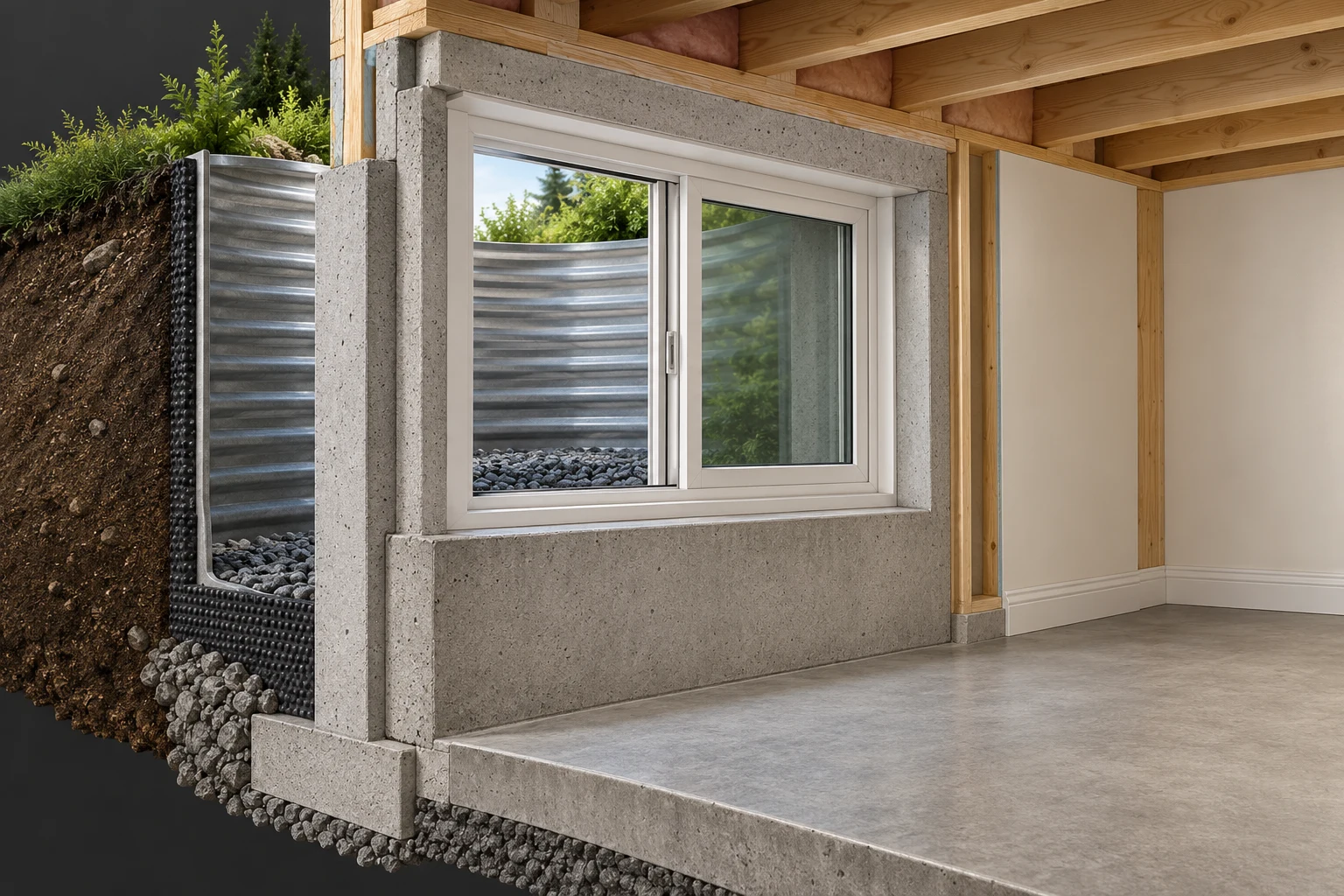 Close section of a horizontal sliding-window concept with one open portion, another glazed portion, concrete wall and exterior well.