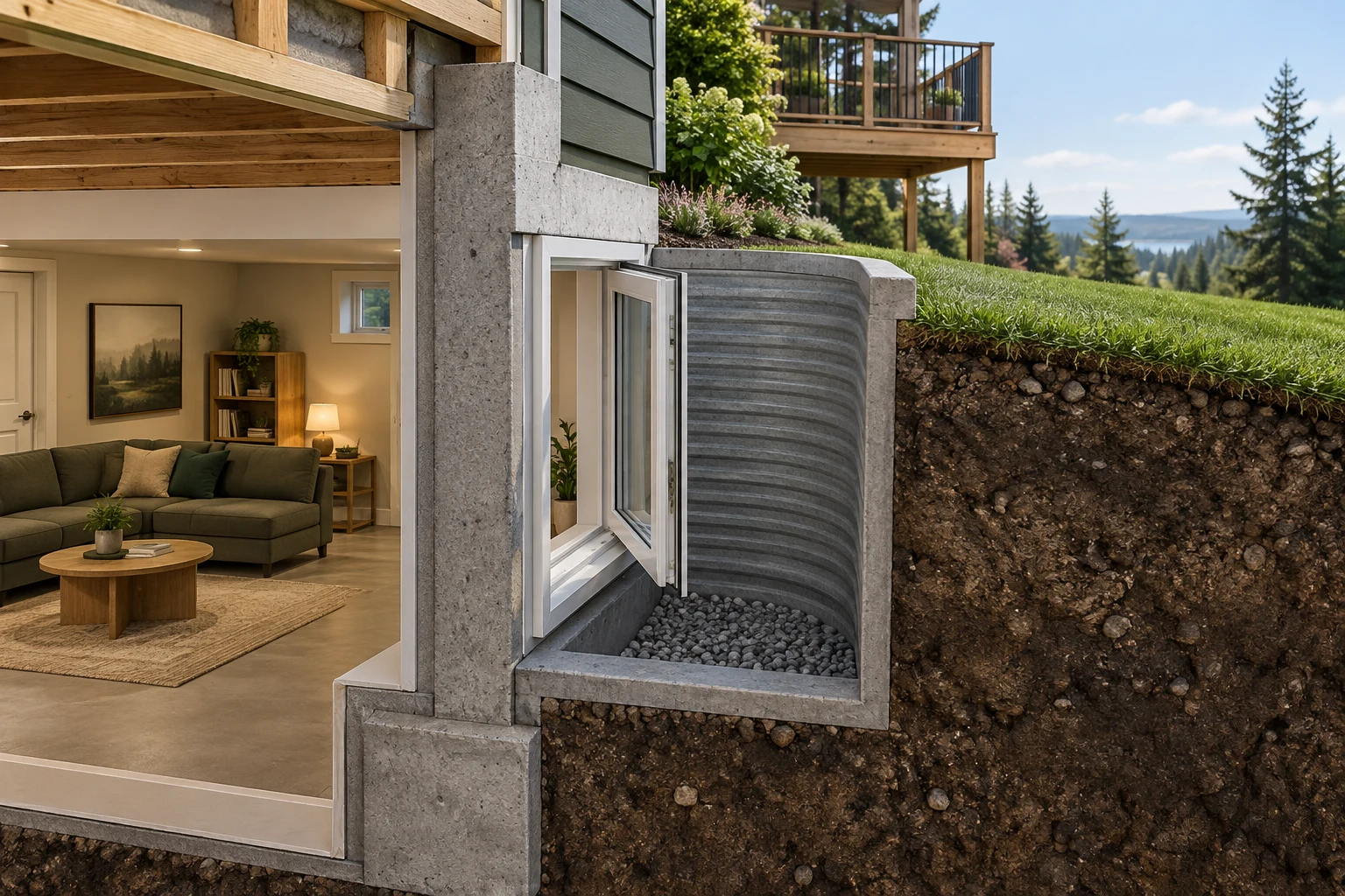 Oblique basement-wall and exterior-well section with a projecting window sash, retained earth, lawn and deck off to one side.