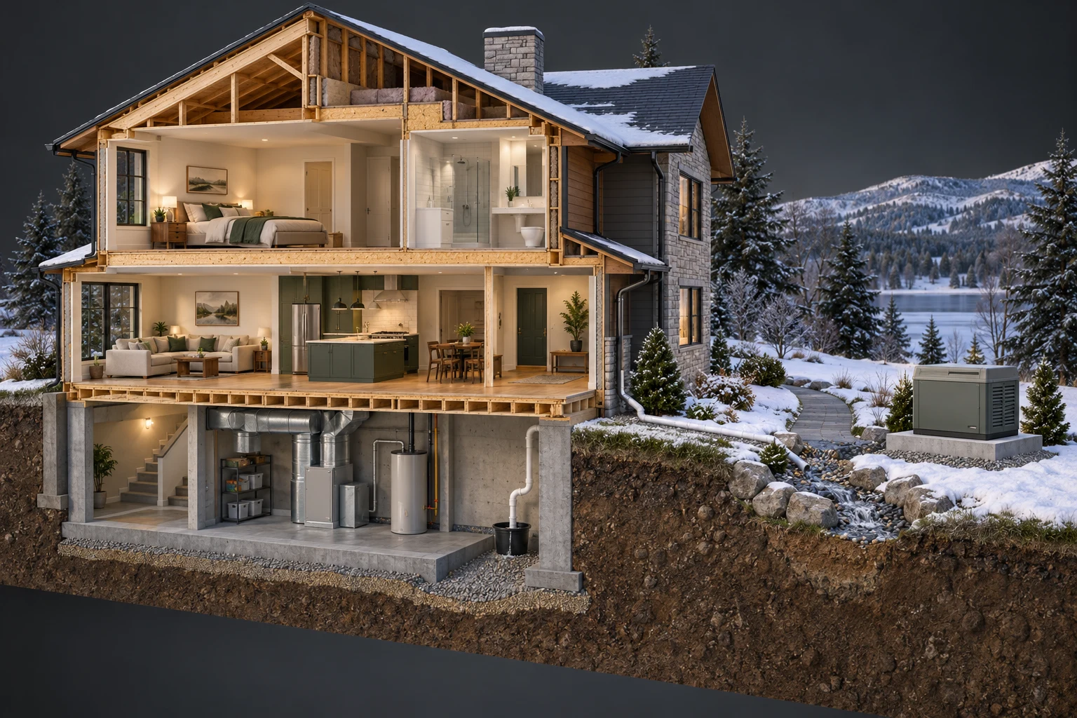 Snowy house/site cutaway with closed outdoor generator, roof/downspout, pump discharge pipe, a rocky ground channel and a walkway.