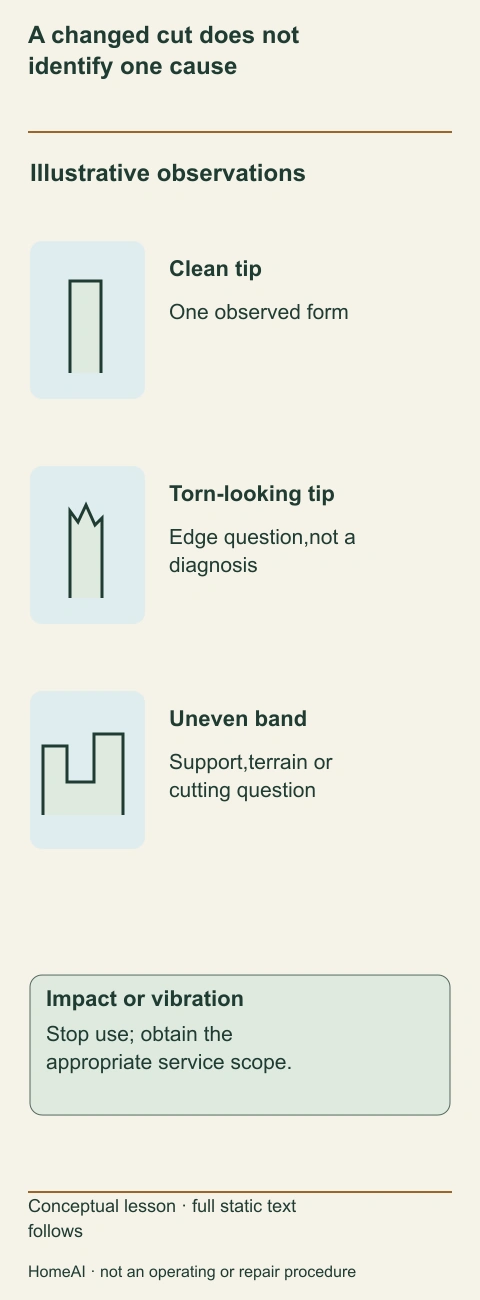 A comparison shows a clean grass tip, a torn-looking tip and uneven finished band, then distinct assessment questions.