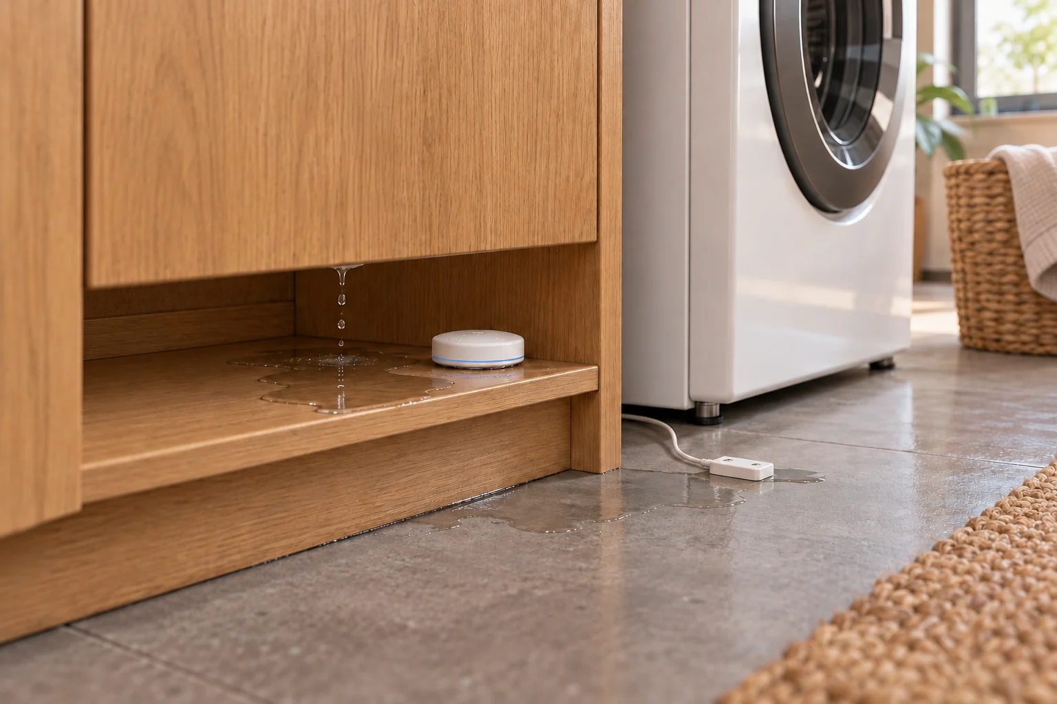 Low cabinet and laundry view with a puck-style sensor on a wet shelf, a separate remote sensing element on the floor and dripping water whose source is concealed.