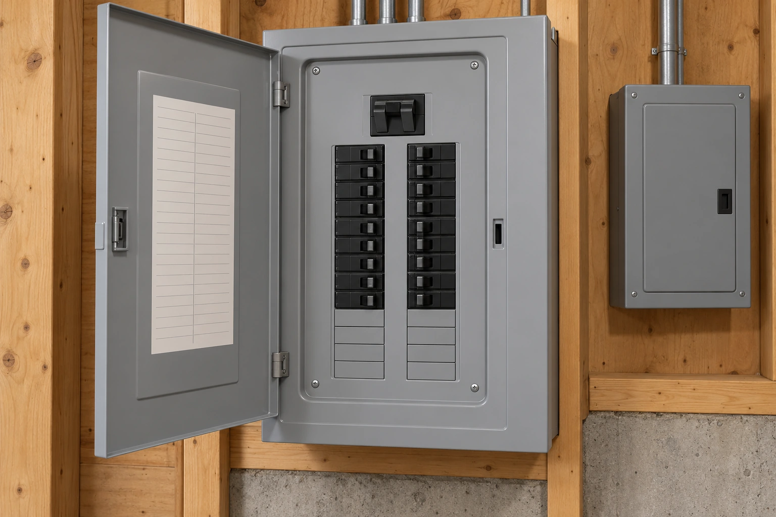A residential panel has its ordinary hinged door open while the screwed protective front remains intact around visible breaker handles and solid blank covers. A ruled directory is on the door; a second cabinet is closed.