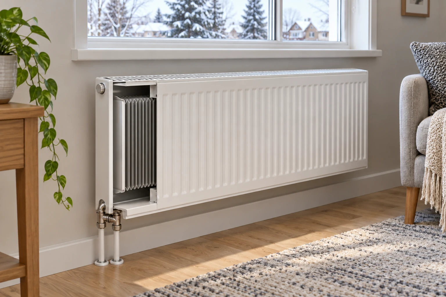 Familiar ribbed steel radiator with a conceptual cutaway revealing folded internal convector sheet.