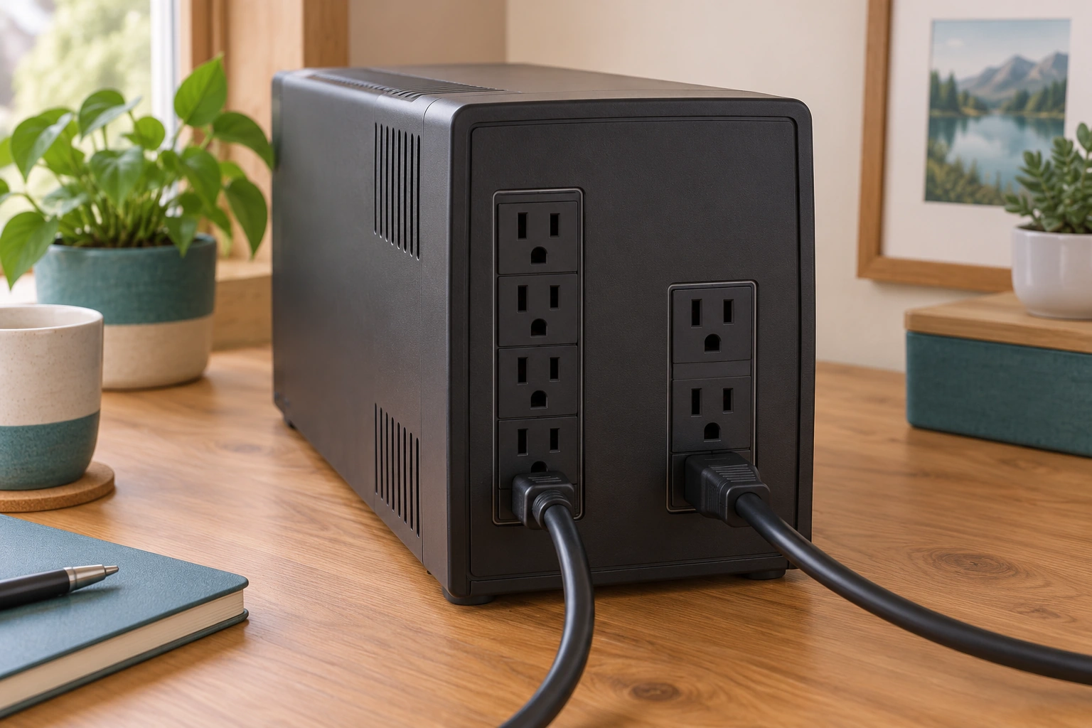 The closed rear housing separates two groups of sockets. A real model can distinguish battery-backed and surge-only outputs, so the grouping helps explain why every connected item may not continue during an interruption.