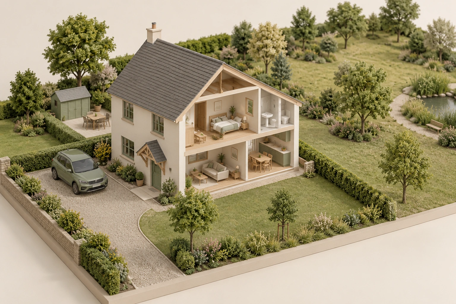 Architectural home cutaway, garden and driveway; no drawn legal ownership boundary; all service routes hidden.