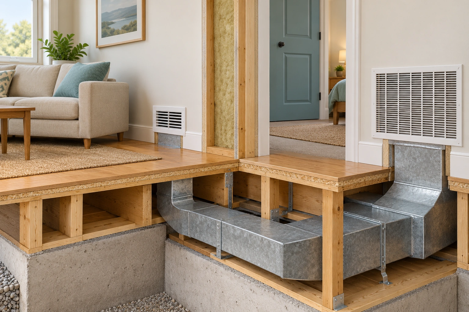 The skeletal floor and wall expose conceptual ducts beneath intact room grilles. A smaller grille and larger grille illustrate separate system landmarks; no arrows claim an actual flow or temporary renovation setup.