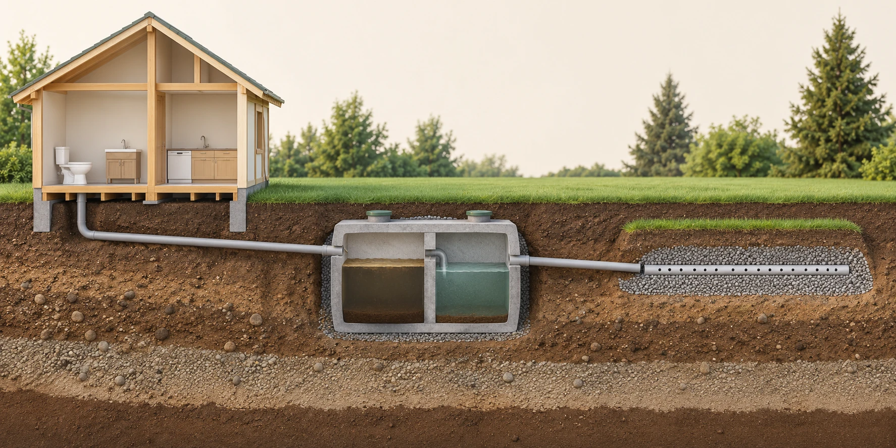 A conceptual house-toilet pipe leads to a cutaway underground tank and then to an illustrated receiving-soil area.