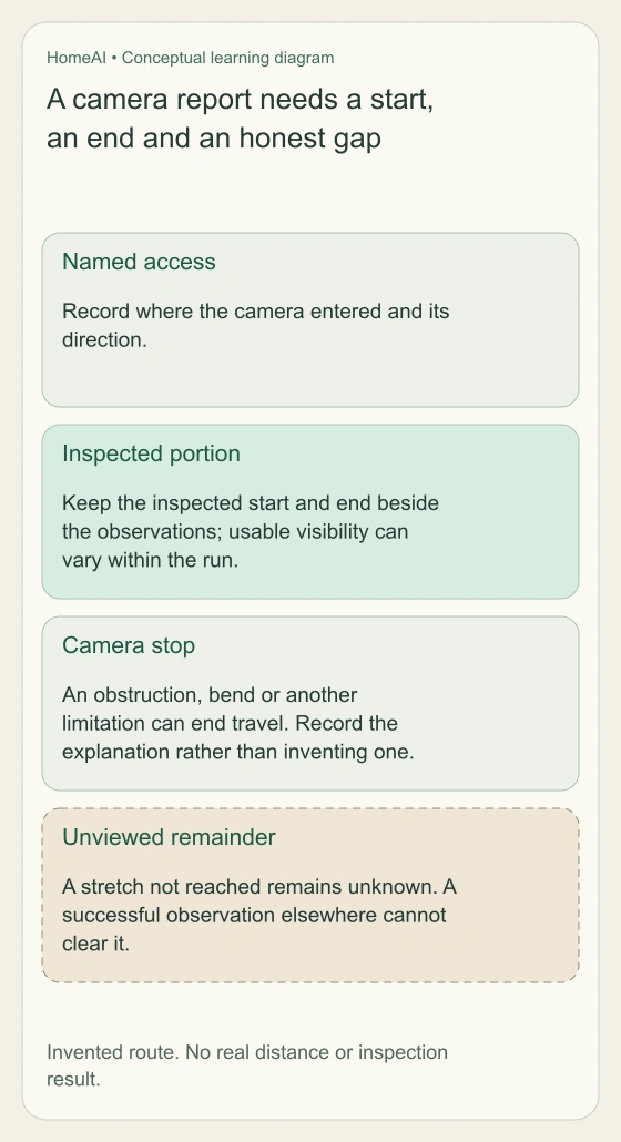 Four panels distinguish the named camera access, the inspected portion with usable visibility, the camera stop and the unviewed remainder. The inspected panel is green; the unviewed panel has a dashed border.