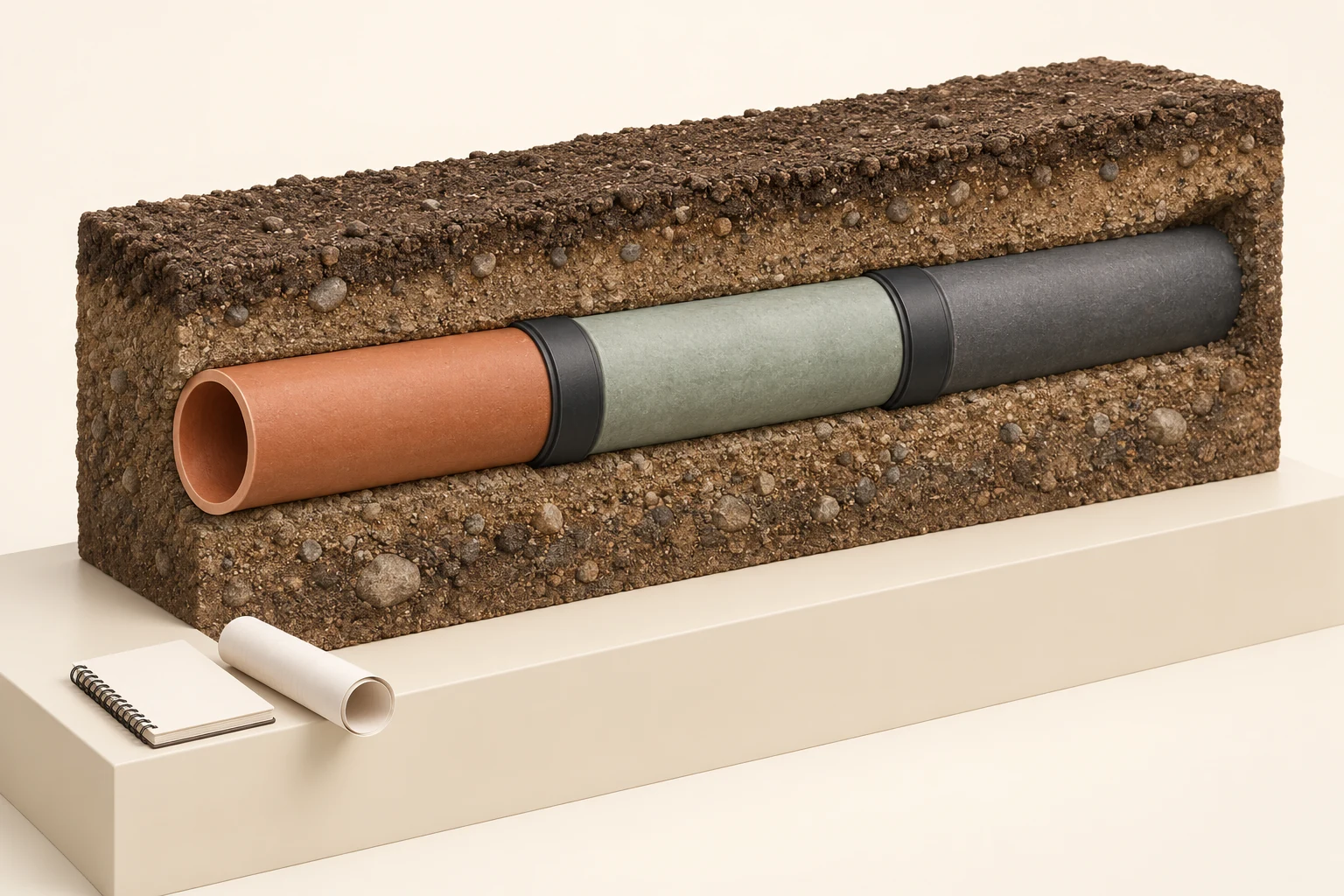 Conceptual soil block with three differently coloured exterior pipe stretches, two dark band-like joints, an open left mouth and blank record props