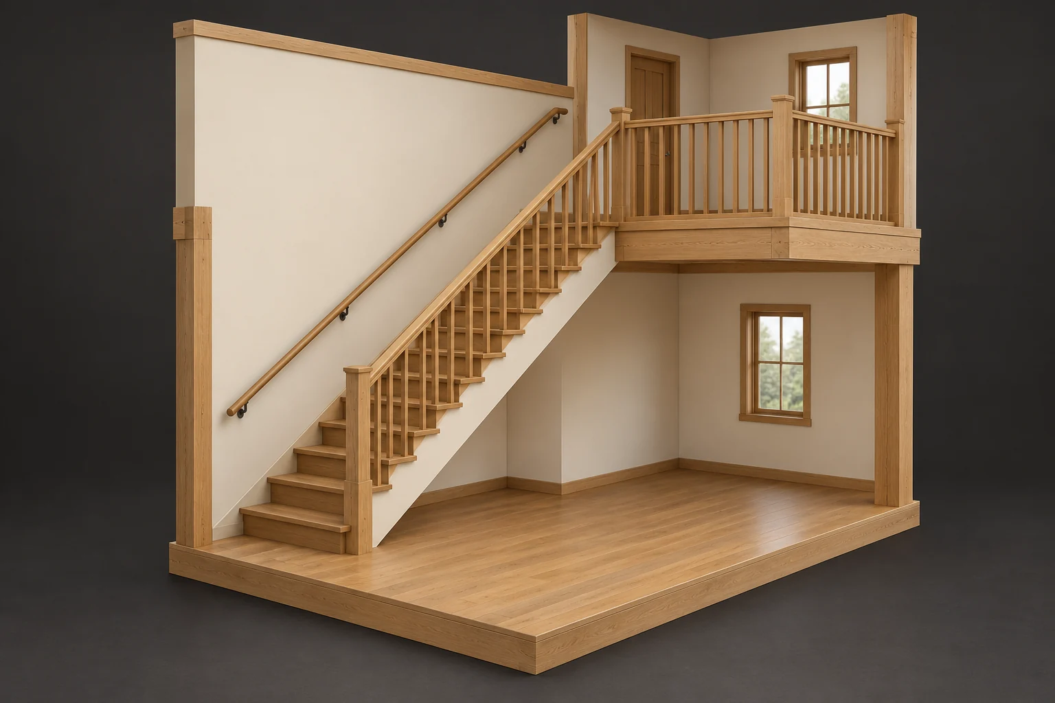 Conceptual straight timber stair flight rising to an upper landing, a round wall-side rail and a separate post-and-infill barrier along the open edge and landing