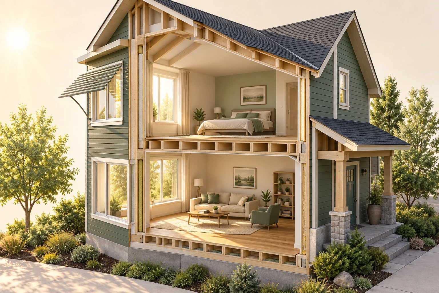 Conceptual timber house cutaway with sunlit rooms and an exterior slatted shade
