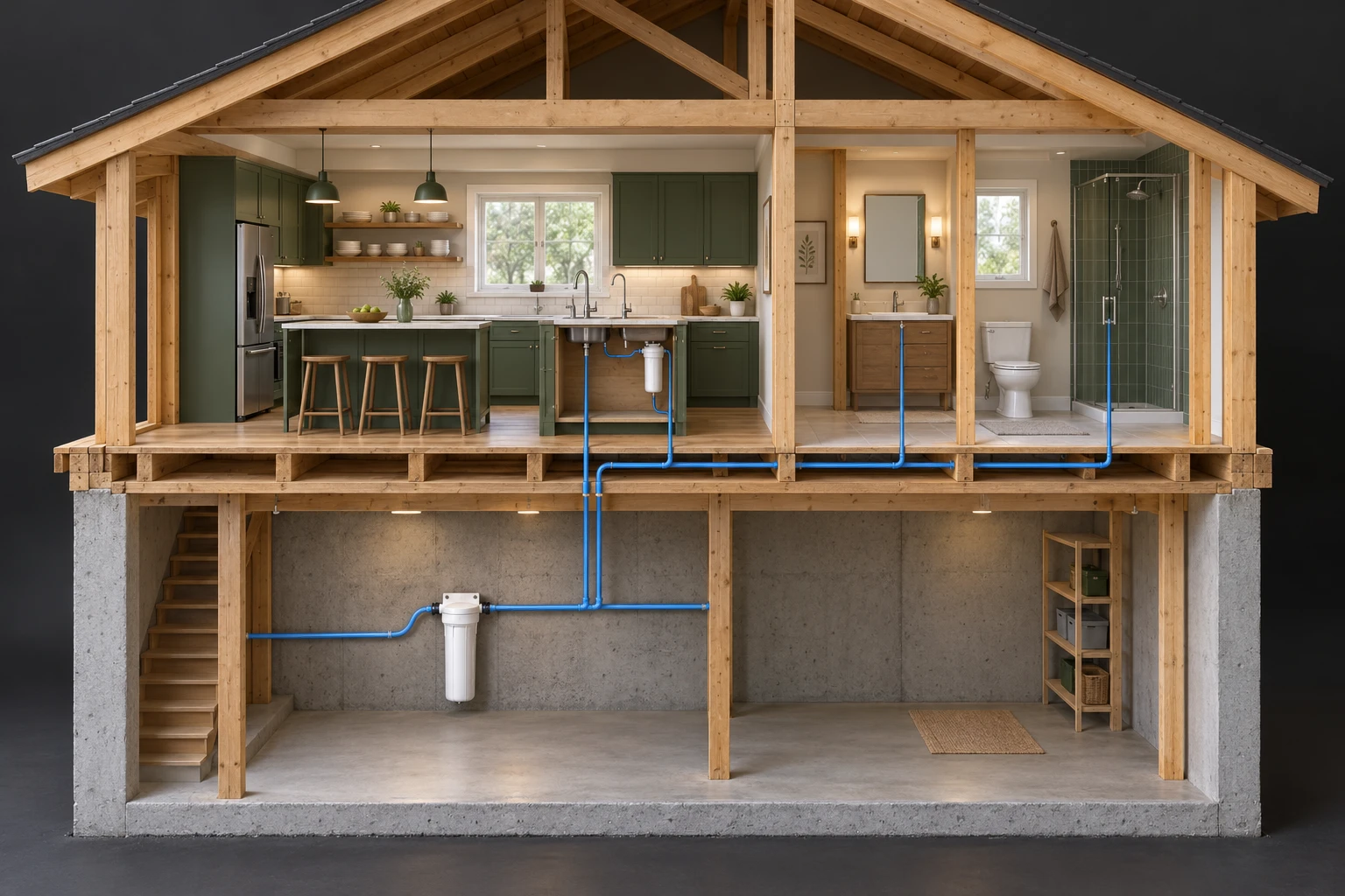Timber home cutaway with a basement filter on a blue incoming route and a separate small filter beneath the kitchen sink.