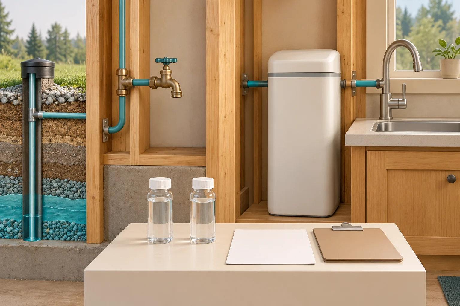 Conceptual timber water-service view with a brass faucet on the left, an unnamed closed cream cabinet between teal route specimens, a kitchen faucet on the right and two capped bottles beside blank paperwork in front.